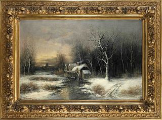 R. Simbeck, landscape painter 2nd half 19th century, large winter landscape with water mill, oil on canvas, signed lower left, 68 x 106 cm, framed in 