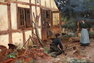 Carl Carlsen (1855-1917), Danish genre painter, large genre piece of a family in front of the tool shed, oil on canvas, signed & dated 1892 lower left