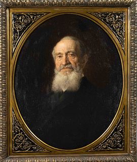 Theodor van der Beek (1838-1921), genre and portrait painter of the DÃ¼sseldorf school. Oval portrait of an elderly man against a dark background, oil