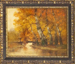 Alois Arnegger (1879-1963), studied at the Vienna Acad. with R. FuÃŸ and A. Eisenmenger, autumnal forest with stream and small wooden bridge, oil/canv