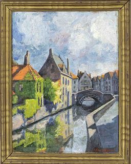 Unidentified painter 1st half 20th century, view of a canal in Bruges, oil on plywood, signed lower right indistinctly ''A. Backehan'' (?), inscribed 