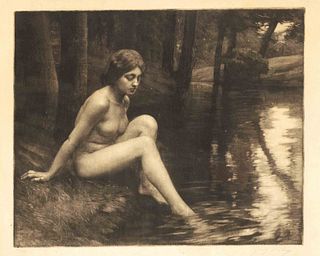 Georg Jahn (1869-1941), Dresden graphic artist from the Symbolist environment. Bathers, mezzotint, signed by hand lower right, number 48/100 lower lef
