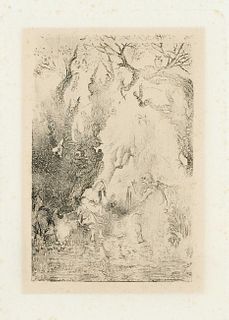 Rodolphe Bresdin (1822-1885), ''La mÃ¨re et la mort'', etching af copperplate printing paper, later, faint and omitting print, stained in margin, brow