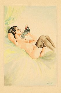 signed LuschÃ©,about 1920, two erotic watercolors, female nude in stockings with doll, and woman with whip and exposed bottom, watercolor and ink on p
