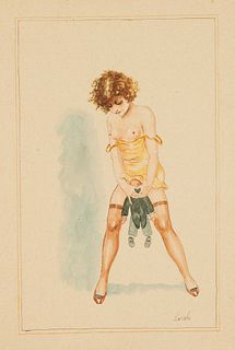 signed LuschÃ©,about 1920, three erotic watercolors, female nude lolling in bed, with doll and half nude with whip, watercolor and ink on paper, signe
