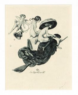 Franz von Bayros (1866-1924), two nude women riding a broom and a book respectively, accompanied by a putto with a bell, bookplate for Prince W., lith