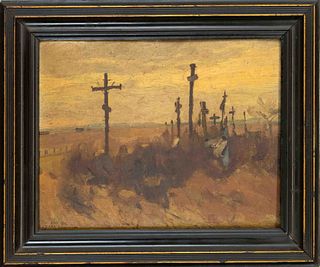 Bela Juszko (1877-1969), Hungarian painter, war grave field, oil on cardboard, signed and inscribed ''1916 Nov. 26, Stari Zagorow'' at lower left, nee