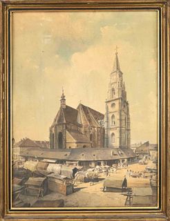 Rudolf von Alt (1812-1905) (attrib.), View of the Cathedral of Kolozsvar (Klausenburg) in Transylvania, watercolor on paper over cardboard, monogramme