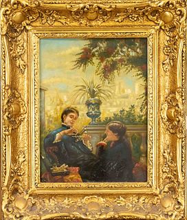 signed Bossos, painter c. 1900, two women playing wrestling on a summer terrace, oil on cardboard, signed lower left, 39 x 30 cm, framed 59 x 49 cm
