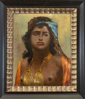 GyÃ¶rgy Vastagh (1834-1922), bare-breasted dark-skinned woman, oil on canvas, signed lower right ''Vastagh Gy.'', one pressure mark with tear at lower