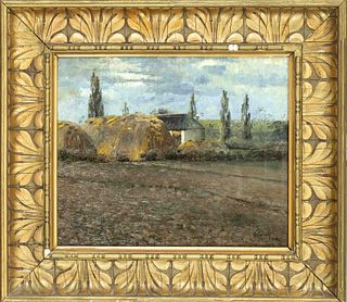 Aladar Stiasny (1881-1920), Hungarian painter, landscape with farmhouse, oil on canvas, bottom right signed and dated ''Stiasny 1905'', one patch, 28 