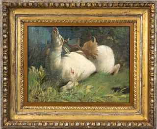 Anonymous hunting painter circa 1900, shot white shovel deer in its death throes, oil on canvas over panel, unsigned, 24 x 33 cm, framed 39 x 47 cm