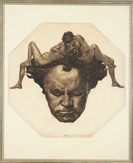 Alois Kolb (1875-1942), ''Beethoven'', Kolb's iconic etching with kissing couple on Beethoven's death mask, aquatint on octagonal plate, signed lower 