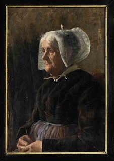 Berta Plump (1853-?), portrait painter working in Bremen, portrait of a seated peasant woman, oil on cardboard, signed and dated upper right 22/5 (18)