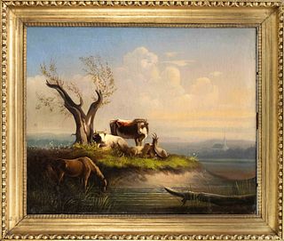 Johann Baptist Dallinger von Dalling (1782-1868), Austrian painter. Resting cattle and drinking horse at the lakeside, oil on canvas, signed lower rig