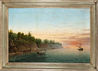 Anonymous marine painter of the 19th century, soldier camp on a cliff with Russian flagged steamer in the evening light, oil on canvas, unsigned, on f