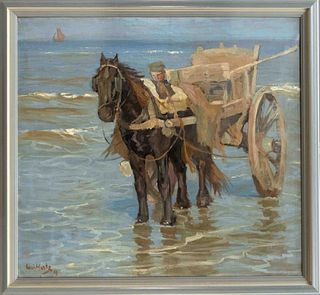 Louis Hartz (1869-1935), Dutch painter and graphic artist who studied in Amsterdam. Shell Fisherman on the Beach, oil on canvas, signed & dated (19)14