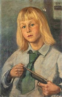 Anonymous portrait painter early 20th c., portrait of a long-haired boy with a pistol, oil on canvas, inscribed ''1914 Our Kurti'' at upper right, hol