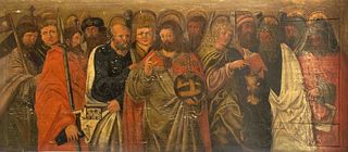 Anonymous sacral painter of the 19th century, large panel painting ''Christ and the 12 Apostles'' after medieval model, oil on wood, stress crack, rub