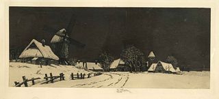 Hugo Tefke, Berlin graphic artist c. 1910, nocturnal view of a village in winter, etching with aquatint, signed lower right in the plate, inscribed ''
