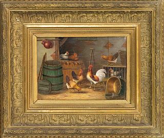 Albertus Verhoesen (1806-1881), Dutch animal and landscape painter. Chickens in a stable, oil on wood, signed lower left, shrinkage cracks, 18 x 24 cm
