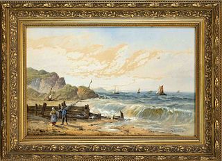 William Henry Vernon (1820-1909), rocky coastal landscape with boats and fishermen couple, watercolor u. gouache on paper, signed lower right ''W.H.Ve