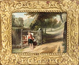English genre painter of the 19th century, three children with dog at the gate of a country house, oil on canvas, unsigned, 23 x 30 cm, framed 35 x 43