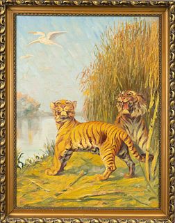 Anonymous artist c. 1900, two tigers on a reedy riverbank, oil on canvas, unsigned, 80 x 60 cm, framed 90 x 70 cm