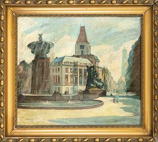 C. Kluge, 1st half 20th c., city view with fountain and street line, oil on paper over cardboard, signed lower left, slightly raised at left margin, r