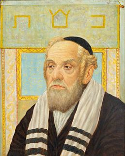 Unidentified 20th century painter, portrait of a Jew wearing a kippah in front of a tapestry, oil on hardboard, indistinctly signed upper right, 60 x 