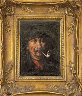 Anonymous painter circa 1900, man with floppy hat and pipe, oil on canvas, unsigned, craquelÃ©, 24 x 18 cm, framed 41 x 34 cm