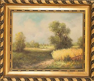 Unidentified painter 2nd half of 20th century, Summer landscape at the edge of a village, oil on canvas, indistinctly signed lower right, 40 x 50 cm, 