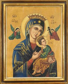 Orthodox devotional painting of the 19th century, crowned Madonna flanked by angels, oil on canvas, unsigned, craquelÃ©, 64 x 50 cm, framed 76 x 62 cm