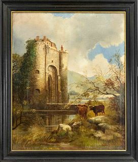 W.H. Hill, English painter c. 1900, Landscape in the Highlands with Ruin of a Castle Gate and Cattle, oil on canvas, signed & dated (19)01 lower right