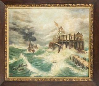 Monogramist HE, marine painter circa 1930, steamer in distress at the harbor pier with lighthouse, oil on canvas, monogrammed & dated (19)34 lower lef