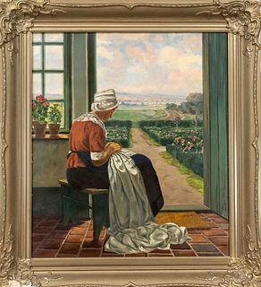 signed Niehoff, 1st half of 20th century, large genre piece with young woman sewing in front of an open door, revealing a view of a wide summer landsc