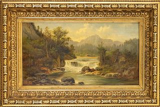 Edmund HÃ¶d (1837-1888), Austrian landscape painter, Alpine landscape with small waterfall, oil on wood, signed & dated 1880 lower left, 25 x 47 cm, f
