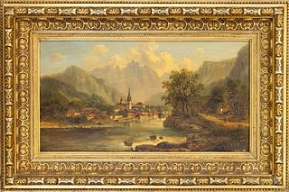 Edmund HÃ¶d (1837-1888), Austrian landscape painter, Tyrolean village on a river, oil on wood, signed and dated 1883, 25 x 47 cm, framed 41 x 62 cm, l