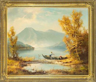 Hans Wagner (*1924), Fischerpaar am Ufer eines Alpensees, oil on canvas, signed lower right, 50 x 60 cm, framed 59 x 69 cm