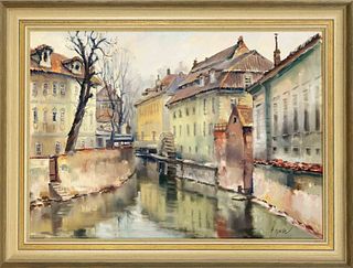 Czech artist mid-20th century, Old Town Canal with Water Mill, oil on canvas, indistinctly signed lower right, inscribed on verso ''certovka vpraze (k