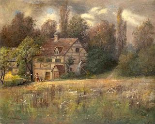 Carl MÃ¼ller-Munich, landscape painter around 1900, landscape with water mill, oil on canvas, signed lower left, 56 x 69 cm