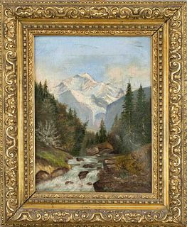 H. Siemsen, 19th c., Alpine landscape with stream and view of the Watzmann, oil on canvas, signed lower left, 31 x 23 cm, framed 45 x 37 cm