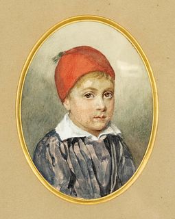 Anonymous portrait painter of the 19th c., oval portrait of a boy with red cap, watercolor on paper, unsigned, 16 x 11,5 cm, behind glass and passepar