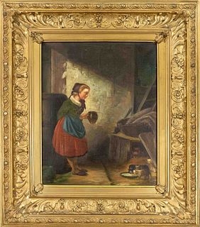 Anonymous genre painter of the 19th century, girl in a stable feeding a litter of kittens, oil on canvas, unsigned, 50 x 40 cm, lush frame 79 x 69 cm