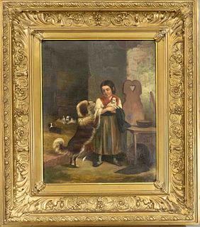 Unidentified 19th century genre painter, Girl with dogs in poor farmhouse, oil on canvas, indistinctly signed lower right ''R. Harland'' (?), counterp