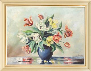 N. Badjakowa, mid-20th century, flower still life, oil on canvas, signed lower right, 60 x 80 cm, framed 72 x 92 cm