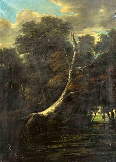 Anonymous copyist of the 19th century, ''Oak Forest by a Lake'' (detail) after the original by Jacob von Ruisdael in the Berlin GemÃ¤ldegalerie, oil o