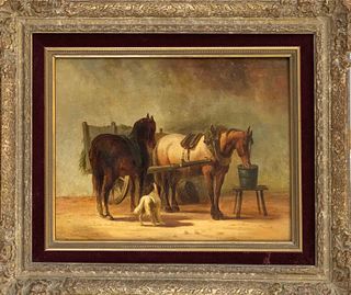 Marinus Cornelis Thomas Vermeulen (1868-1941), two horses with dog in front of a wall, oil on wood, signed lower left, ''M.T.C. Vermeulen'', 22 x 28 c