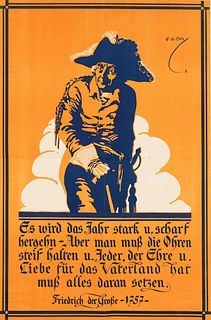 Patriotic poster, 1st half of 20th century, Frederick the Great with his quotation below, color lithograph of the Hofbuchdruckerei Hermann Bergmann Be