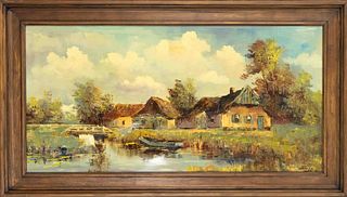 Unidentified painter c. 1970, rural settlement by the canal, oil on canvas, bottom right indistinctly signed SniPassepartout (?), 50 x 100 cm, framed 